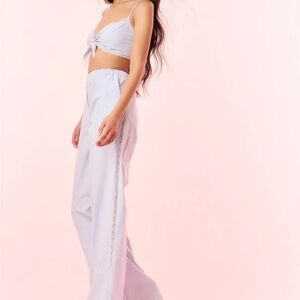 LoveShackFancy Helia Cotton Pinstripe Wide-Leg Pants w/lace inset